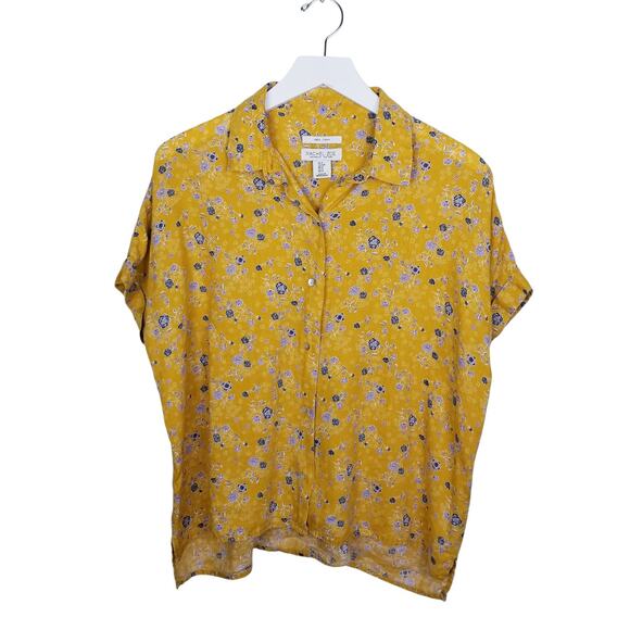 RACHEL ZOE 100% Linen Floral Yellow Shirt Short Sleeves - Small - Picture 1 of 6